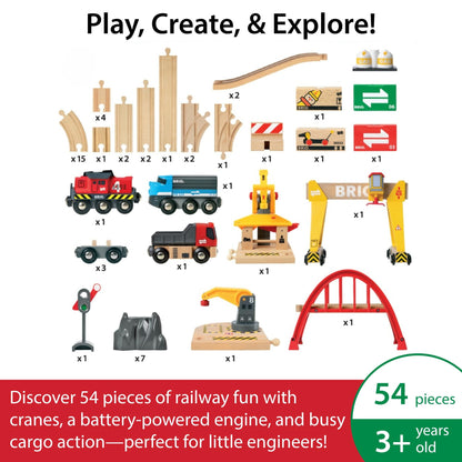BRIO World Cargo Railway Deluxe 54-Piece Wooden Train Set – Ages 3+